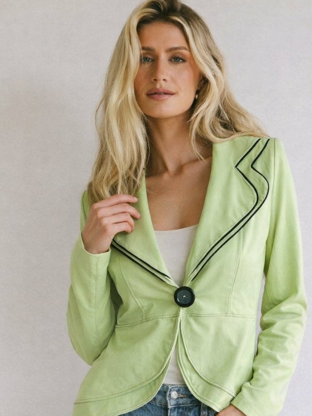 Cotton rich (92%) Neon Buddha jersey jacket in chartreuse, peplum style hem